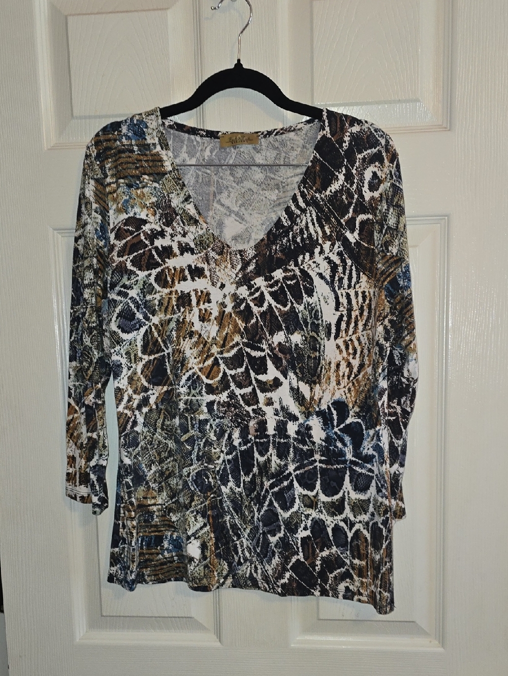 Peck & Peck Multi-Print V-Neck Long Sleeve Top - Brown, Black, White